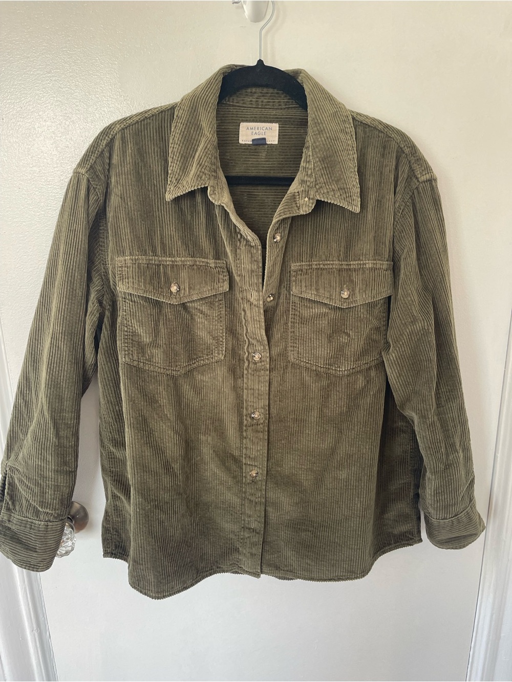 American Eagle Outfitters Oversized Olive Corduroy Button-Front Shirt Jacket
